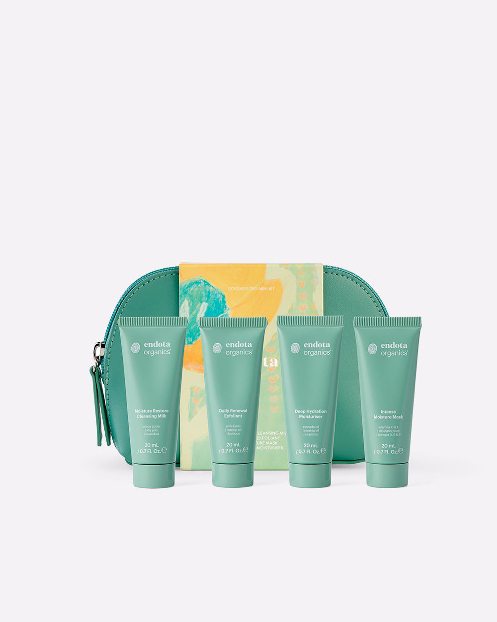 A 4-piece mini skincare set from endota Organics, featuring four mint green squeeze tubes, a matching zippered skincare pouch, and a colourful illustrated wrap, arranged on a light grey background.
