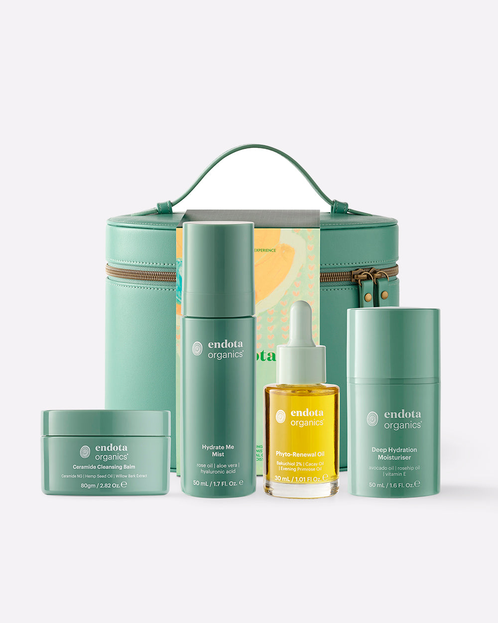 endota Organics skincare set with a mint green cosmetic case and four matching products including a jar, bottle, dropper bottle, and tube, displayed on a clean white background.