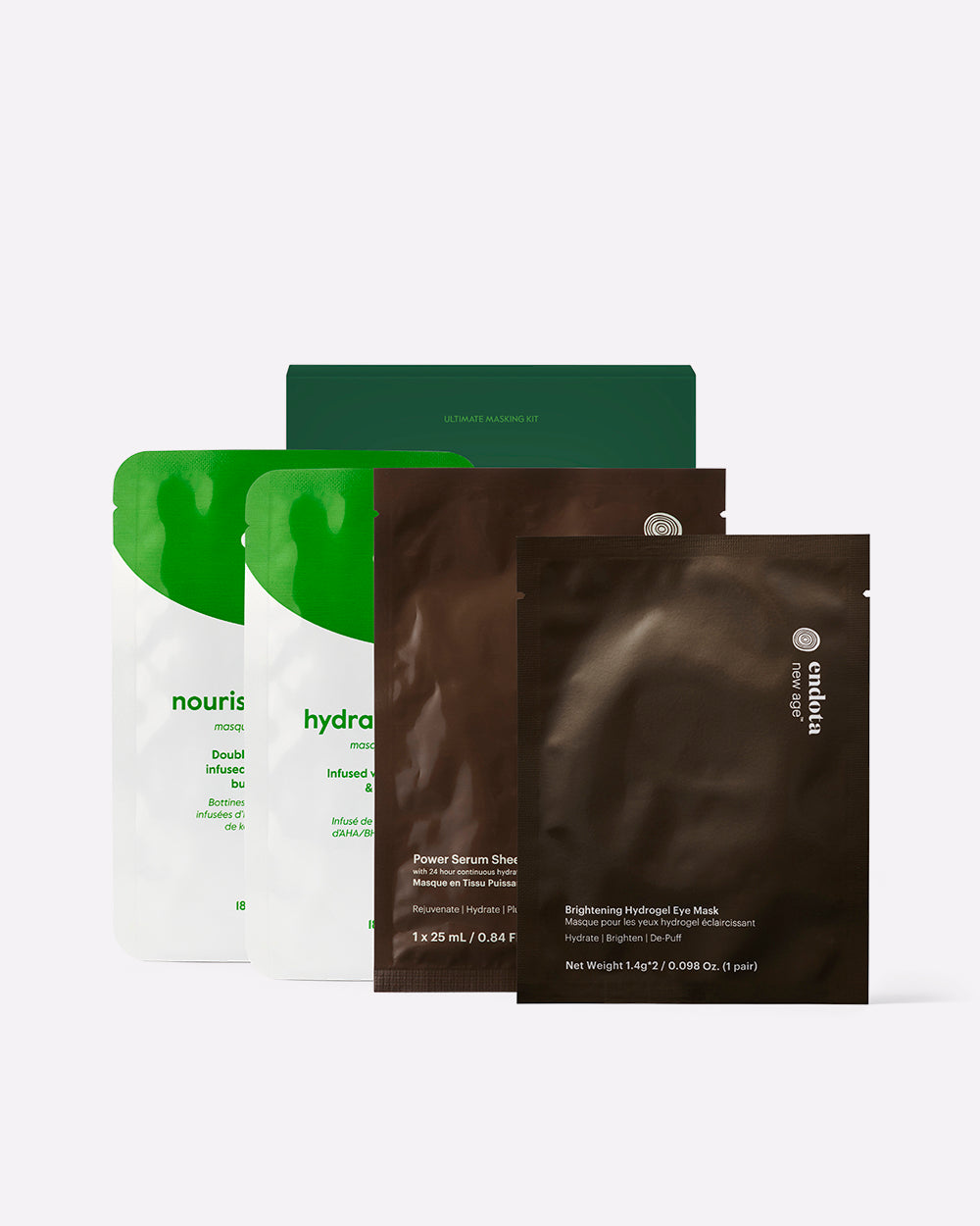 Four skincare sheet mask pouches from endota arranged against a light grey background, including two white and green stand-up pouches in the back and two dark brown packets in the front.