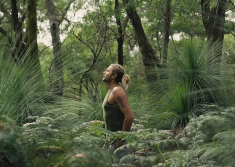 Person standing in a forest with tall grass and trees
