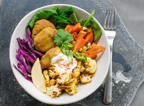 easy falafel & roasted veggie bowls